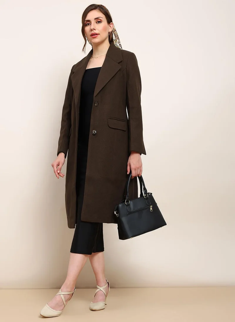 globus Globus Women Brown Solid Notched Lapel Long Sleeve Knee Length Winterwear Overcoat