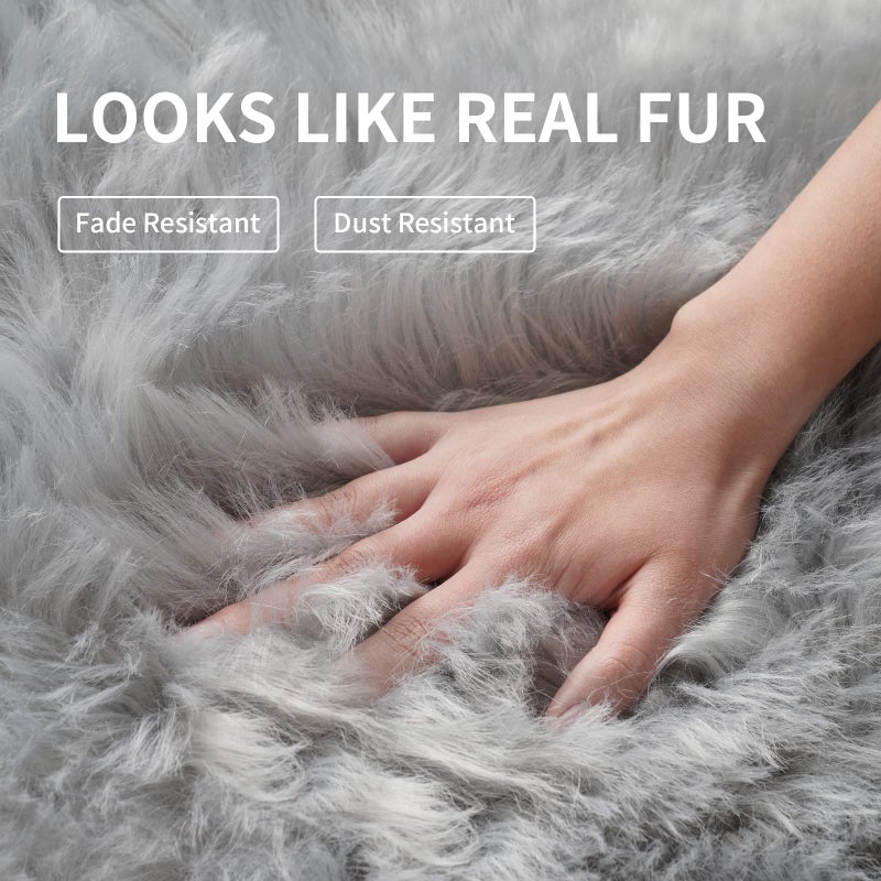 Tangsoo Faux Fur Rug Sofa Chairs Cover, Grey Small Rug for Bedroom, 2X3 Shaggy Furry Rugs for Kids Room, Shag Fluffy Rugs for Nursery Room, Soft Fuzzy Plush Carpet, Cute Floor Dorm Decor - Image 4