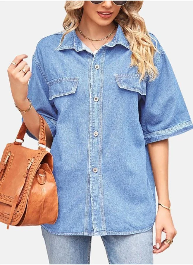 يونيكي Blue Collared Half Sleeve Shirt