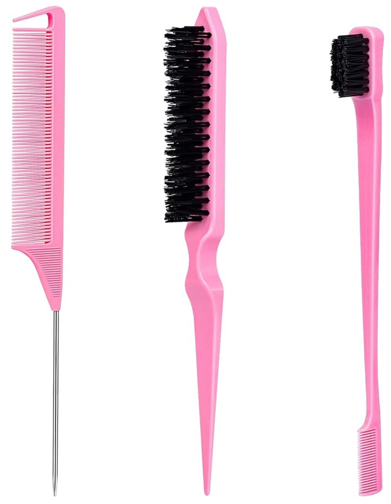 Samnyte Pink Slick Back Hair Brush - Rat Tail Comb for Hair Parting, Teasing Comb for Enhancing Volume and Fullness, Edge Brush for Controlling Flyaways - Image 1