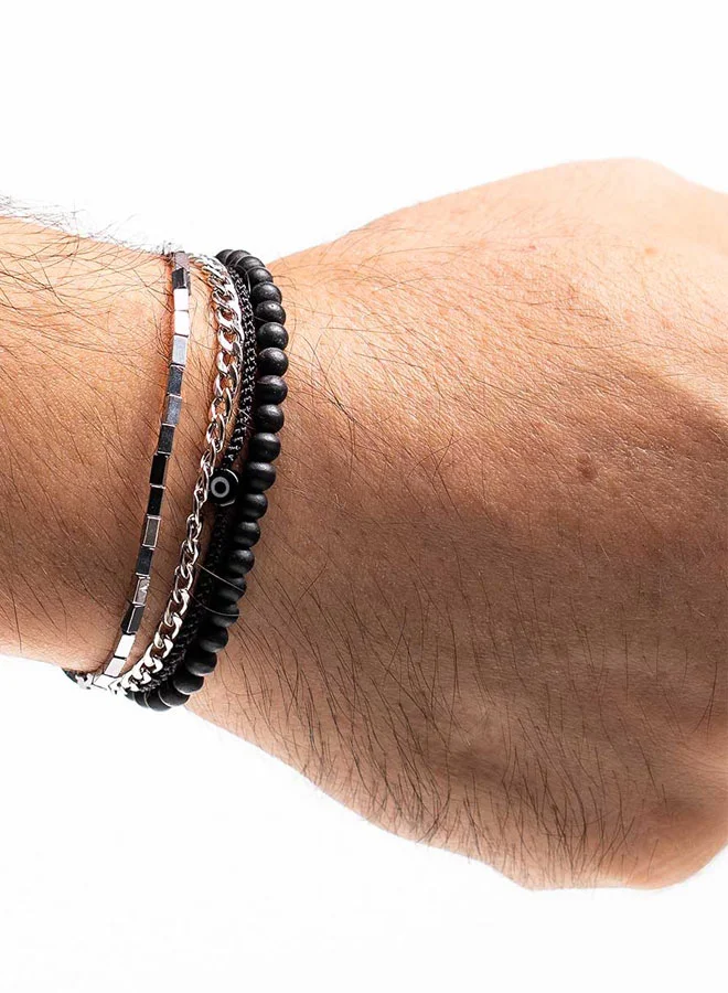 CHRYSOSTOMOS Handmade Adjustable Beaded Multi-Line Bracelet with Onyx Stones, Triangular Hematite Tube and Black Glass Eye