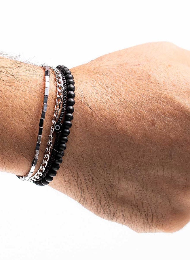 CHRYSOSTOMOS Handmade Adjustable Beaded Multi-Line Bracelet with Onyx Stones, Triangular Hematite Tube and Black Glass Eye - Image 3