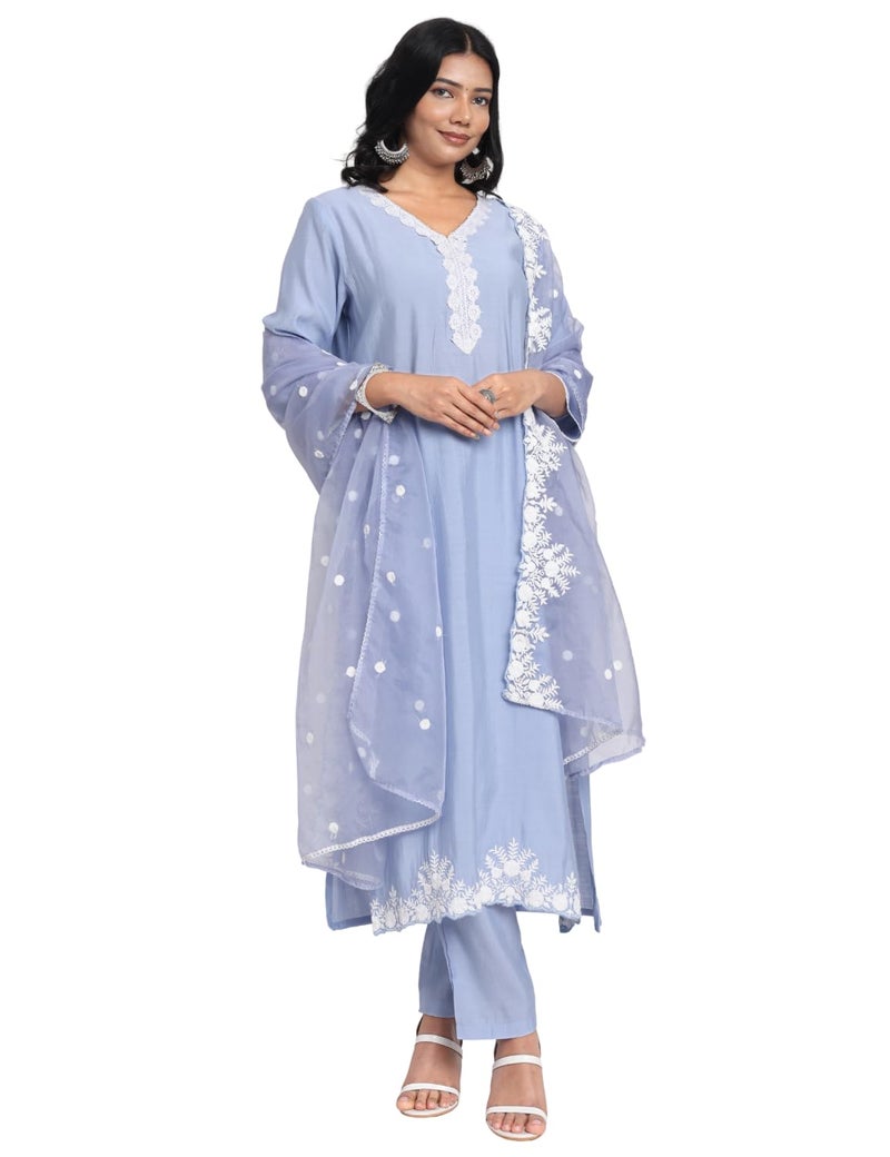 Kaari Women's Solid Color Kurta Set with Dupatta - Straight Fit | Silk Blend Fabric | Embroidery & Lace on Border | Organza Dupatta with Embroidery | Straight Pant with Side Pocket - Image 5