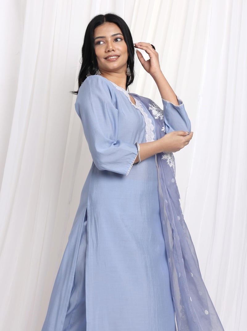 Kaari Women's Solid Color Kurta Set with Dupatta - Straight Fit | Silk Blend Fabric | Embroidery & Lace on Border | Organza Dupatta with Embroidery | Straight Pant with Side Pocket - Image 3