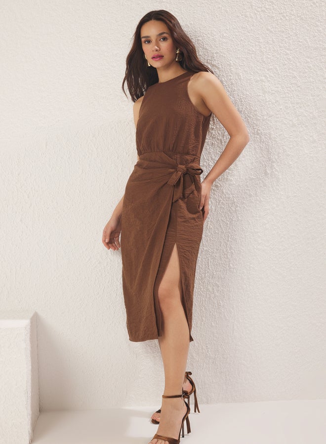 trendyol Brown Straight Binding Detail Midi Woven Dress - Image 2