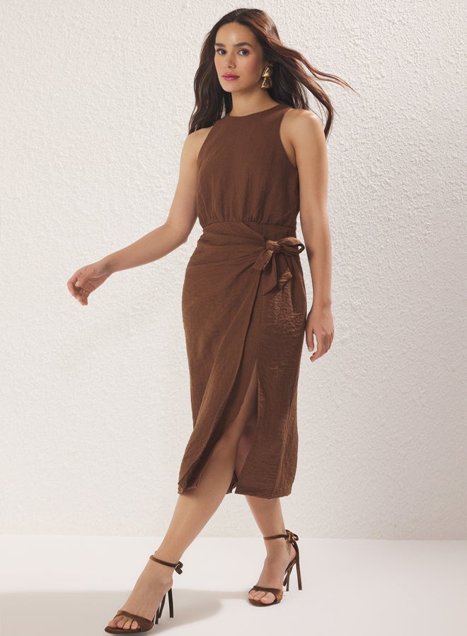 trendyol Brown Straight Binding Detail Midi Woven Dress - Image 1