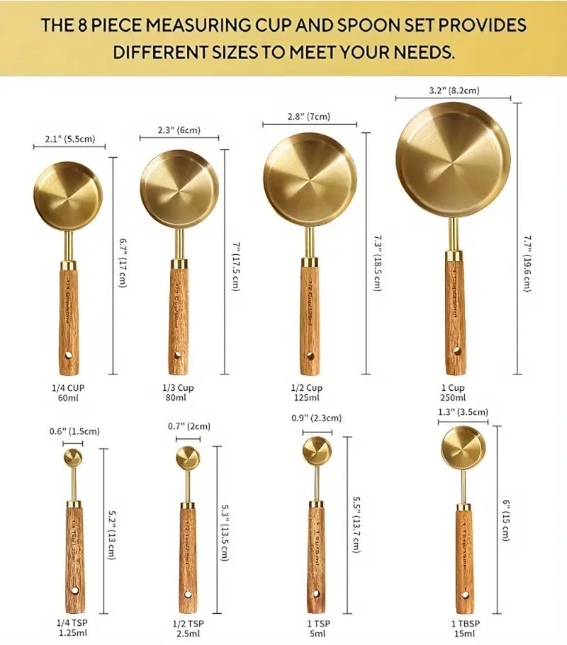 STORE 2508 Store2508 Stainless Steel Measuring Cups and Spoons with Wooden Handle Set of 8 (Black) - Image 2
