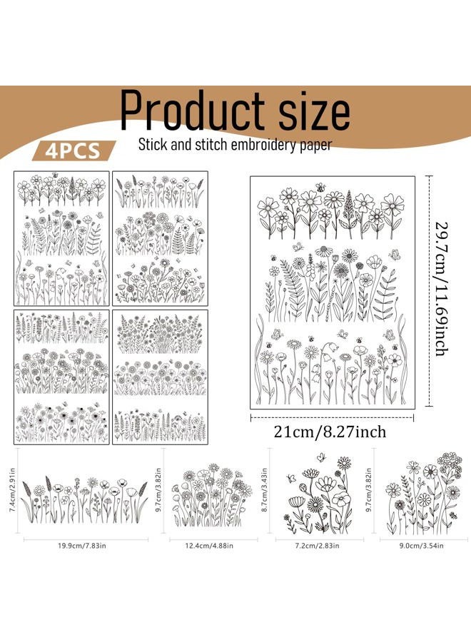 VISSTREE Floral Water Soluble Embroidery Patterns, 4 Sheets Stick and Stitch Embroidery Papers Wash Away, Pre-Printed Flower Designs Transfer Paper Customized Gifts for Hand Sewing Lovers Beginners - Image 2