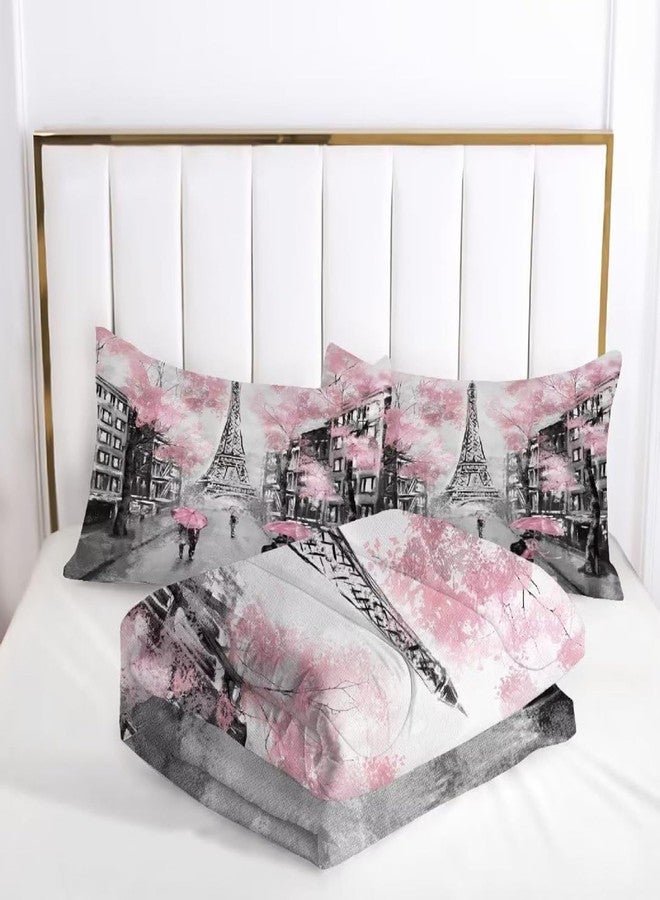kxry Pink Paris Eiffel Tower Comforter Set Queen Size French Style Couple Lover Flower Bedding Sets for Girls Women Kids Quilted Duvet 1 Comforter + 2 Pillow Cases - Image 5