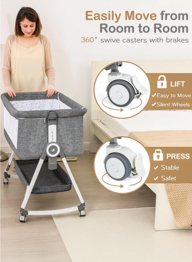TOTOJOY 4-in-1 Baby Bassinet Bedside Sleeper with 6 Adjustable Heights, Rocking Cradle Mode, 360° Lockable Wheels, Storage Basket, Washable Mattress, Breathable Mesh, and Mosquito Net – Portable Foldable Co-Sleeper Crib for Newborns & Infants Cot(0–15kg) - Image 2