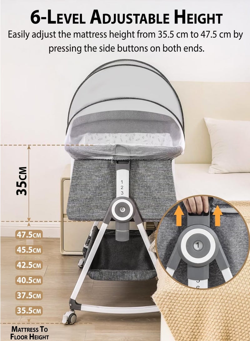 TOTOJOY 4-in-1 Baby Bassinet Bedside Sleeper with 6 Adjustable Heights, Rocking Cradle Mode, 360° Lockable Wheels, Storage Basket, Washable Mattress, Breathable Mesh, and Mosquito Net – Portable Foldable Co-Sleeper Crib for Newborns & Infants Cot(0–15kg) - Image 3