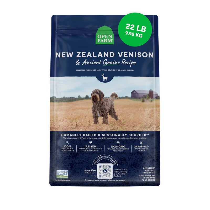 Open Farm, Ancient Grains Dry Dog Food, Protein-Rich & Nutrient Dense, 90% Animal Protein Mixed with Non-GMO Fruits, Veggies and Superfoods, New Zealand Venison Recipe, 22lb Bag - Image 1