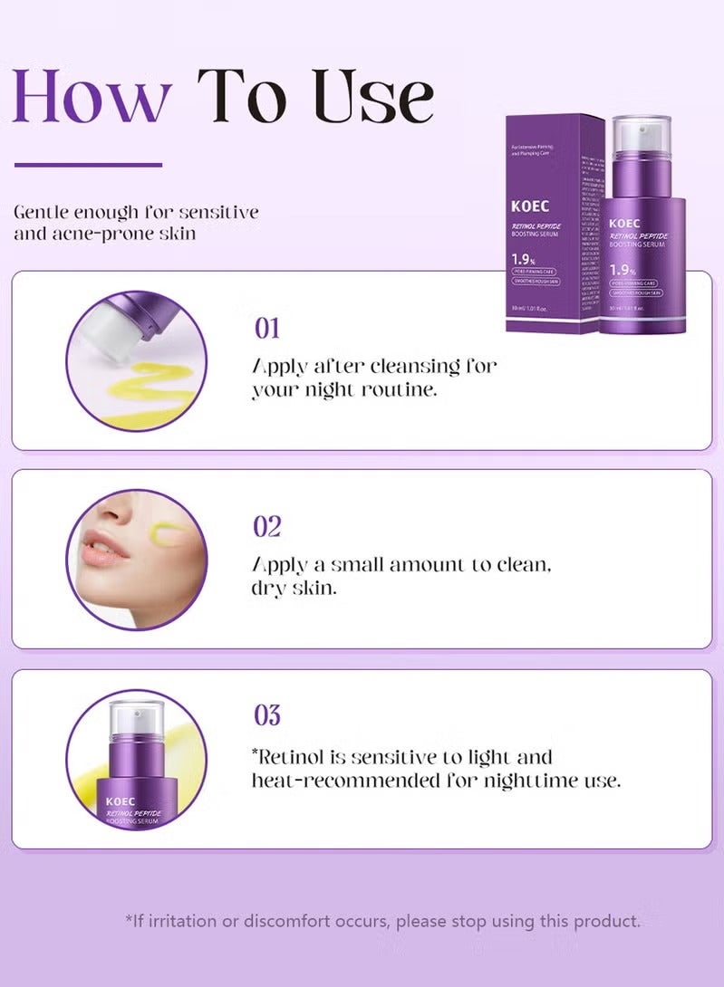 KOEC 1.9% Retinol Lifting Wrinking Treatment Serum with Peptides, Vitamin C & Licorice Extract, Anti-Aging & Wrinkles, 30ml - Image 4