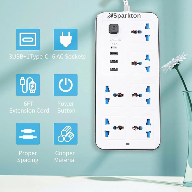 Sparkton Universal Extension Cable, 6 AC Sockets with 3 USB and 1 Type-C Ports and 4 in 1 Charging Cable, 3M Heavy Duty Extension, Multiplug Extension Board with Fast Charging for Home, Office - Image 2