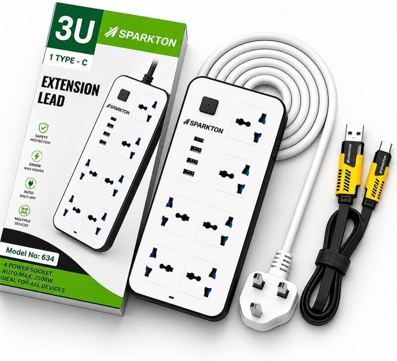 Sparkton Universal Extension Cable, 6 AC Sockets with 3 USB and 1 Type-C Ports and 4 in 1 Charging Cable, 3M Heavy Duty Extension, Multiplug Extension Board with Fast Charging for Home, Office - Image 1