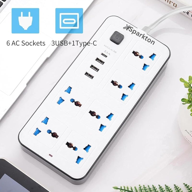 Sparkton Universal Extension Cable, 6 AC Sockets with 3 USB and 1 Type-C Ports and 4 in 1 Charging Cable, 3M Heavy Duty Extension, Multiplug Extension Board with Fast Charging for Home, Office - Image 5