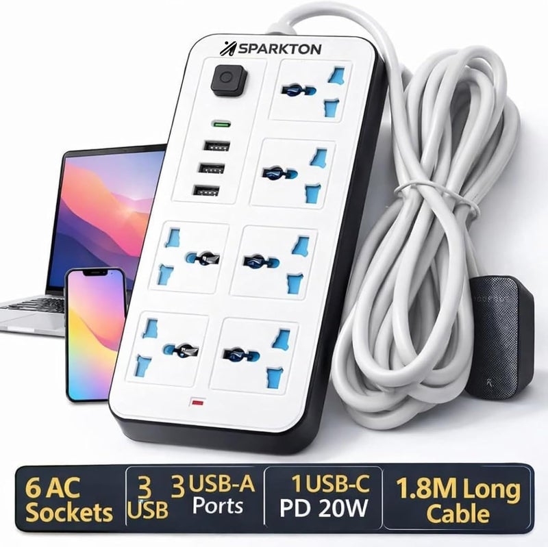 Sparkton Universal Extension Cable, 6 AC Sockets with 3 USB and 1 Type-C Ports and 4 in 1 Charging Cable, 3M Heavy Duty Extension, Multiplug Extension Board with Fast Charging for Home, Office - Image 4