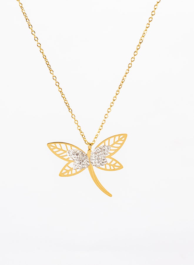 The Black Pearl Accessories White Zirconic Winging Fly Stainless Steel Golden Pendant Necklace - Image 1