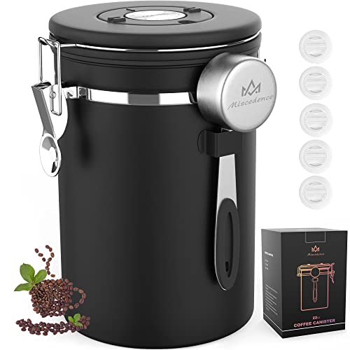 Miscedence Coffee Canister with Scoop,Date Tracker 304 Stainless Steel Airtight Container One-Way CO2 Valve for Coffee Beans,Tea,Sugar,Kitchen Storage (Black, 22oz) - Image 1