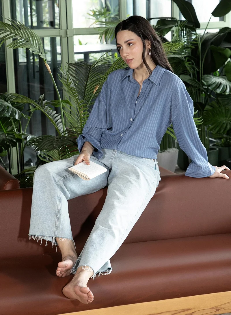 Pinacolada  Women's Cornflower Blue Lace-Tactile Oversized Shirt for Women | Best Price UAE