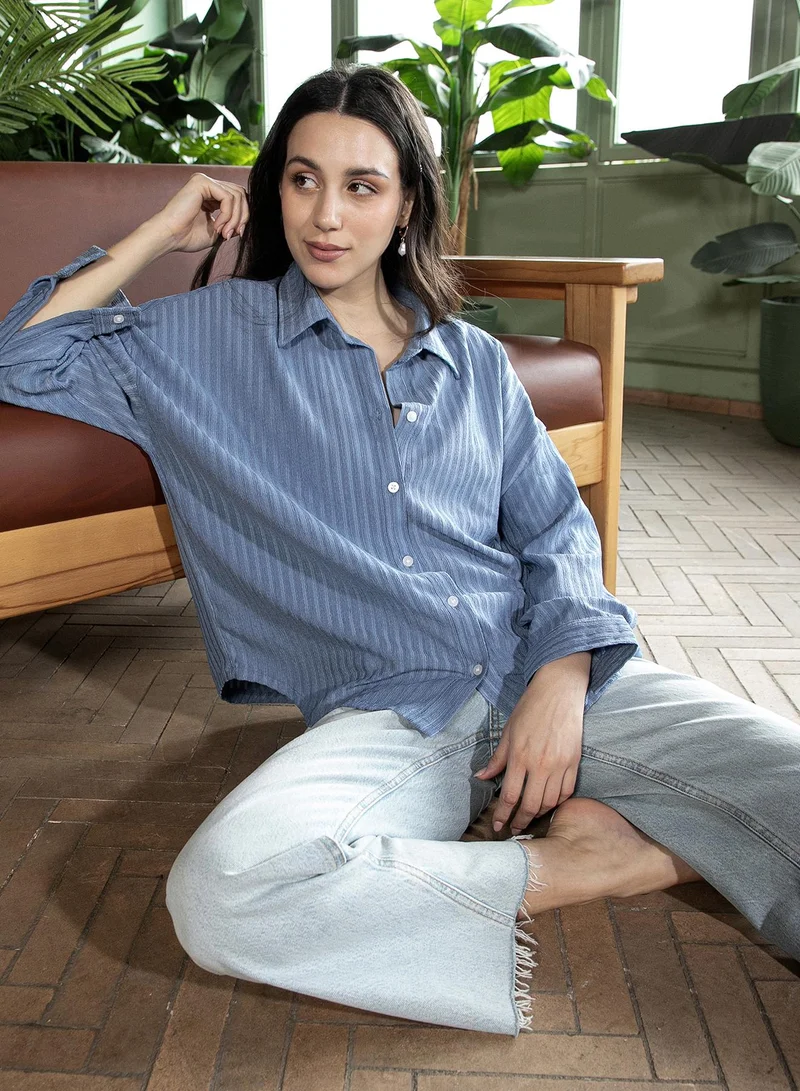 Women's Cornflower Blue Lace-Tactile Oversized Shirt