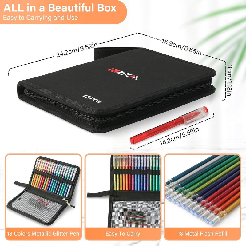 ZSCM QUALITY DECIDES THE FUTURE 36 Pack Metallic Glitter Gel Pens Set, 18 Colors Sparkle Gel Pens with 18 Glitter Pen Refills in Canvas Bag for Adult Coloring Book Drawing Crafts Scrapbooks Journaling - Image 4