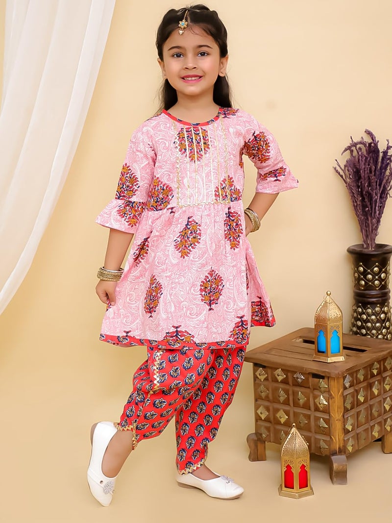 superminis Baby Girls Jaipuri Printed Frock Style Kurti With Frill Sleeves And Dhoti Style Salwar With Elastic Closure Ethnic Salwar Suit Set (Magenta, 2-3 Years) Cotton - Image 2
