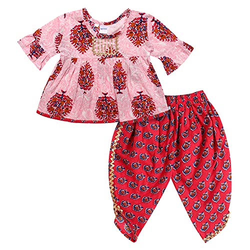 superminis Baby Girls Jaipuri Printed Frock Style Kurti With Frill Sleeves And Dhoti Style Salwar With Elastic Closure Ethnic Salwar Suit Set (Magenta, 2-3 Years) Cotton - Image 1