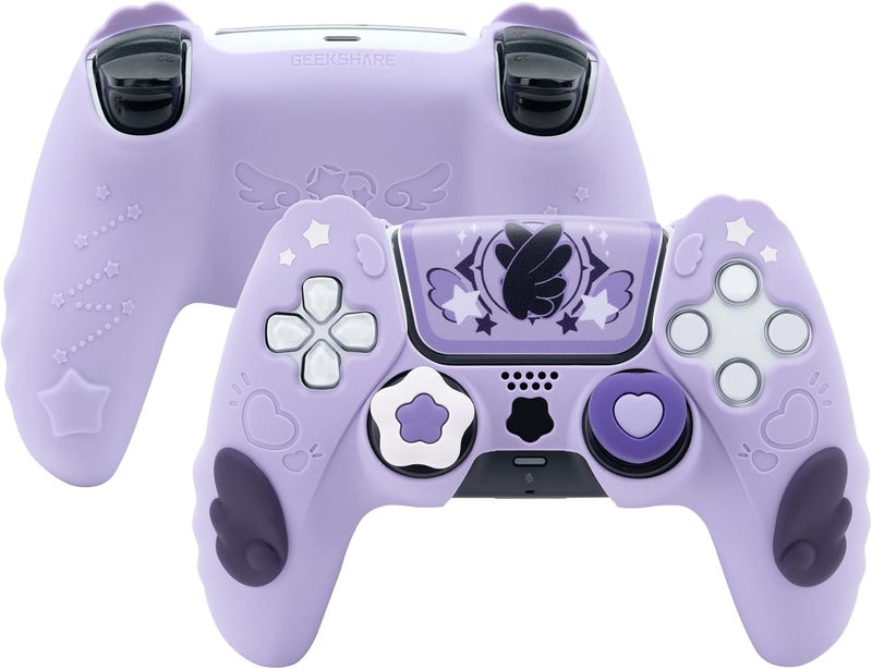 Luckam Wireless Controller Skin Set for PS5, Silicone Protective Cover with Grip Caps and Stickers, Star Wings Design, Purple Edition - Image 1