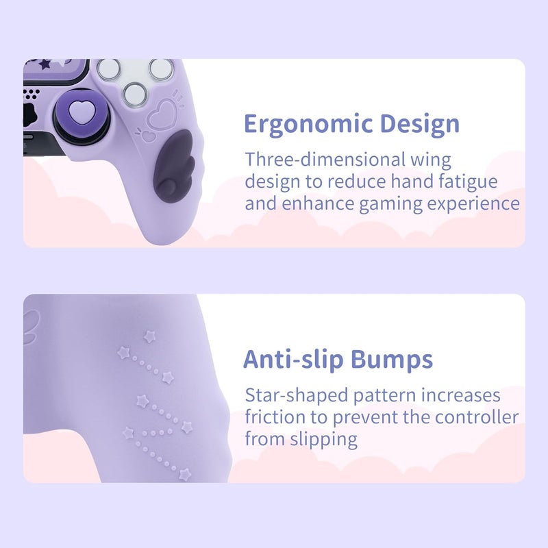 Luckam Wireless Controller Skin Set for PS5, Silicone Protective Cover with Grip Caps and Stickers, Star Wings Design, Purple Edition - Image 5
