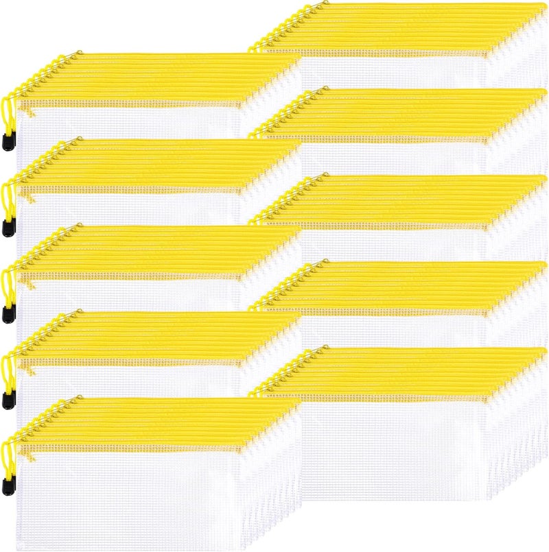 Sherr 120 Pcs Mesh Zipper Pouch Bulk Pencil Pouches 9.45'' x 4.53'' Small Clear Mesh Bags with Zipper A6 Waterproof File Bag Pencil Case for School Office Travel Organization (Yellow) - Image 1
