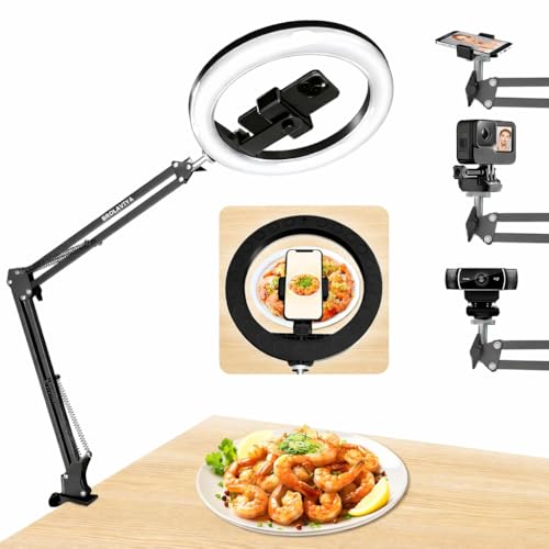 BROLAVIYA No shadow Overhead Video Mobile Stand with Extra long Metal Arm,12inch Large Selfie Ring light,2 way base clamp 1/4" adaptor For Camera, GoPro and Mobile Bracket for Desktop, Bedroom, Office - Image 1