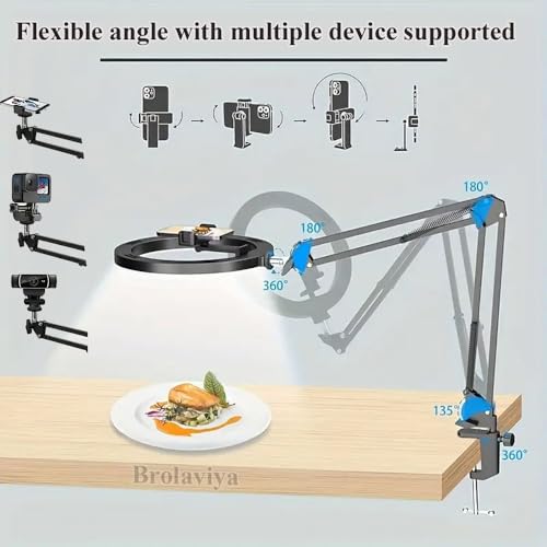BROLAVIYA No shadow Overhead Video Mobile Stand with Extra long Metal Arm,12inch Large Selfie Ring light,2 way base clamp 1/4" adaptor For Camera, GoPro and Mobile Bracket for Desktop, Bedroom, Office - Image 5