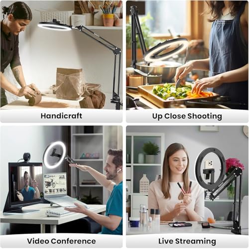 BROLAVIYA No shadow Overhead Video Mobile Stand with Extra long Metal Arm,12inch Large Selfie Ring light,2 way base clamp 1/4" adaptor For Camera, GoPro and Mobile Bracket for Desktop, Bedroom, Office - Image 4