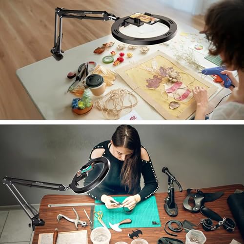 BROLAVIYA No shadow Overhead Video Mobile Stand with Extra long Metal Arm,12inch Large Selfie Ring light,2 way base clamp 1/4" adaptor For Camera, GoPro and Mobile Bracket for Desktop, Bedroom, Office - Image 2