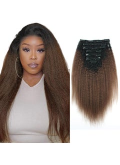 ABH AMAZINGBEAUTY HAIR ABH AMAZINGBEAUTY HAIR Kinky Straight Clip in Hair Extensions Real Human Hair 16 Inch Piano Natural Black Mixed with Dark Brown T4 Yaki Kinky Straight Clip ins Better Length Hair Clip in 120G7Pcs 