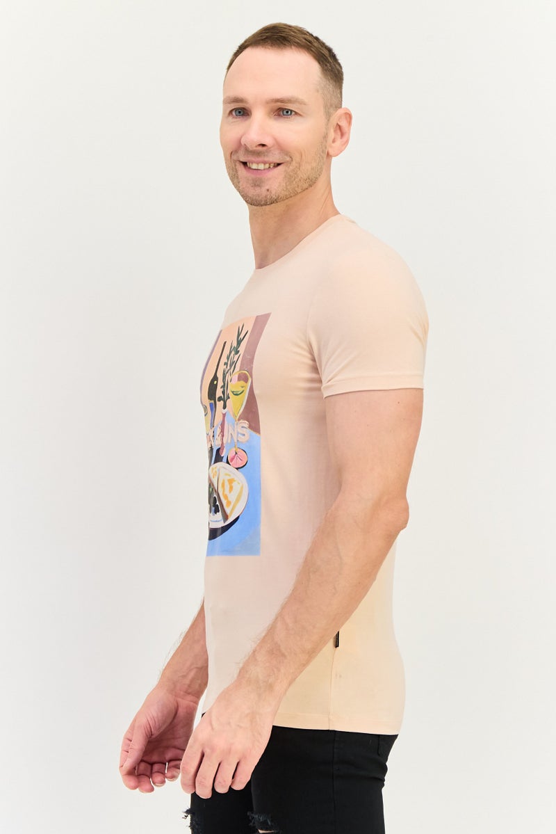 Men Crew Neck Short Sleeve Graphic Print T-Shirt, Peach