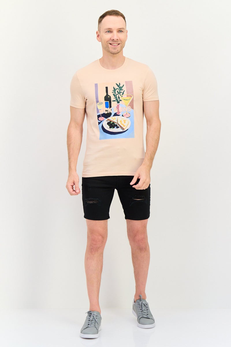 Men Crew Neck Short Sleeve Graphic Print T-Shirt, Peach