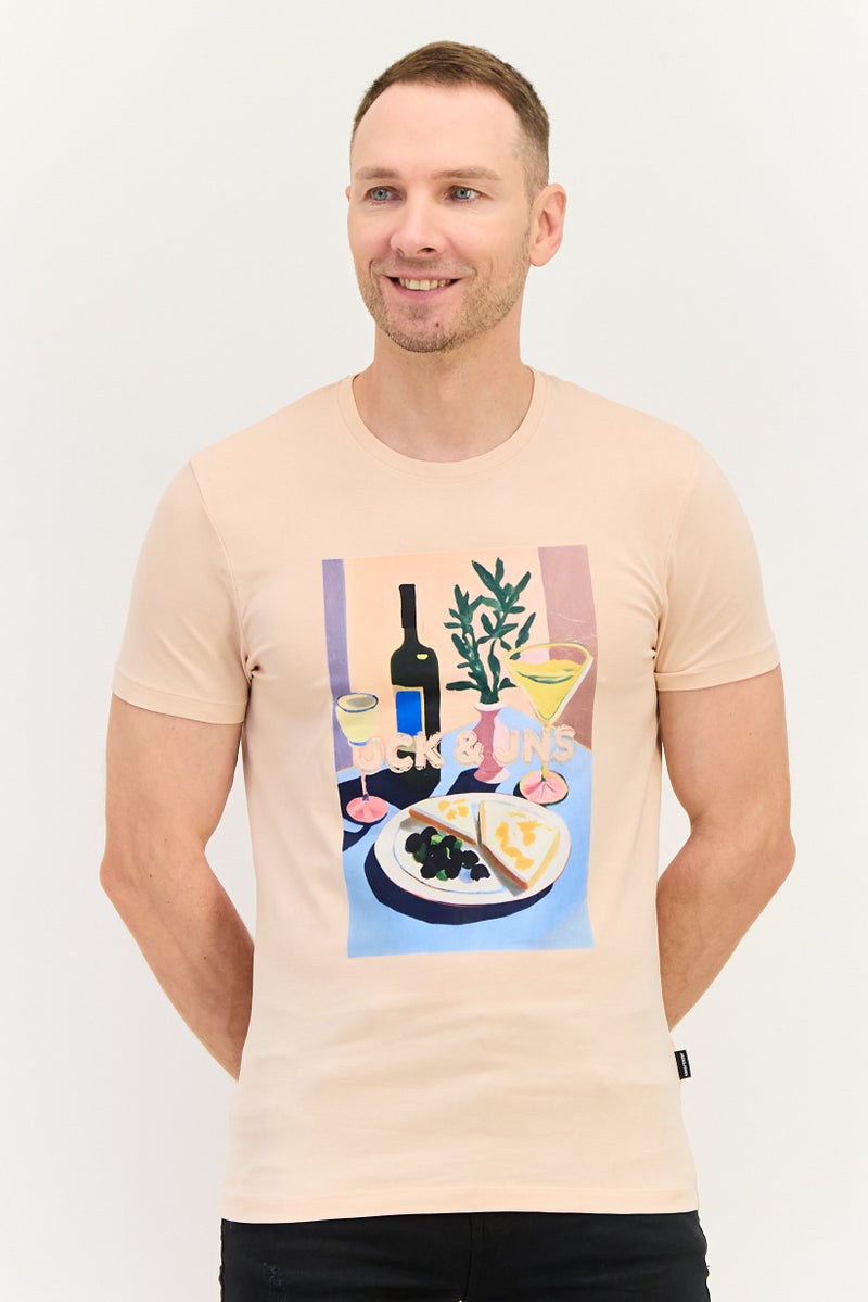 Men Crew Neck Short Sleeve Graphic Print T-Shirt, Peach