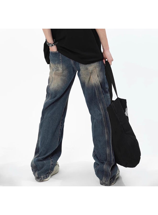 Dingfengbaoluo Men's American Style Vintage Streetwear Design Washed Casual Jeans Dfk32 Retro Blue 3XL - Image 4