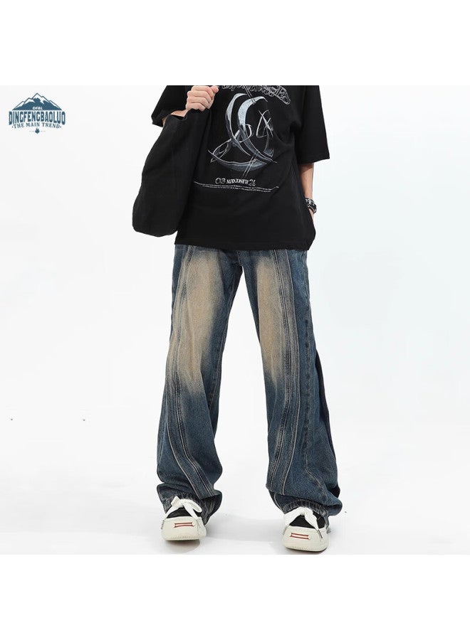 Dingfengbaoluo Men's American Style Vintage Streetwear Design Washed Casual Jeans Dfk32 Retro Blue 3XL - Image 1