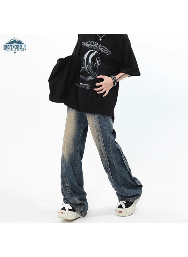 Dingfengbaoluo Men's American Style Vintage Streetwear Design Washed Casual Jeans Dfk32 Retro Blue 3XL - Image 2