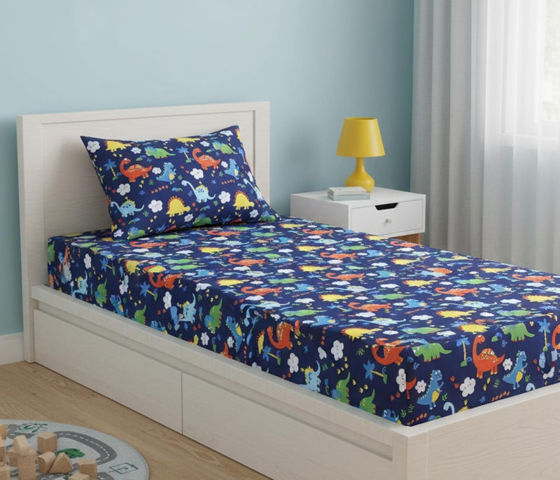 Filymore Kids Blue Dinosaur Single bedsheet with one Pillow Cover Made with Microfiber (Size 90x60) (Pillow Size 18x28) (Colour-Blue) - Image 2