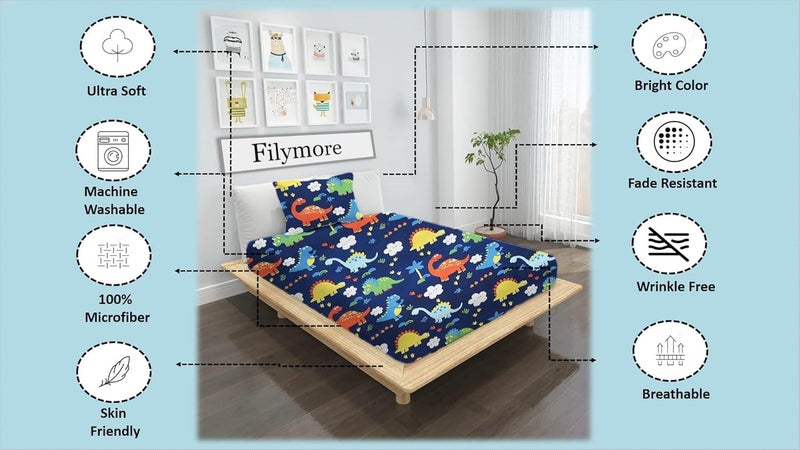 Filymore Kids Blue Dinosaur Single bedsheet with one Pillow Cover Made with Microfiber (Size 90x60) (Pillow Size 18x28) (Colour-Blue) - Image 5