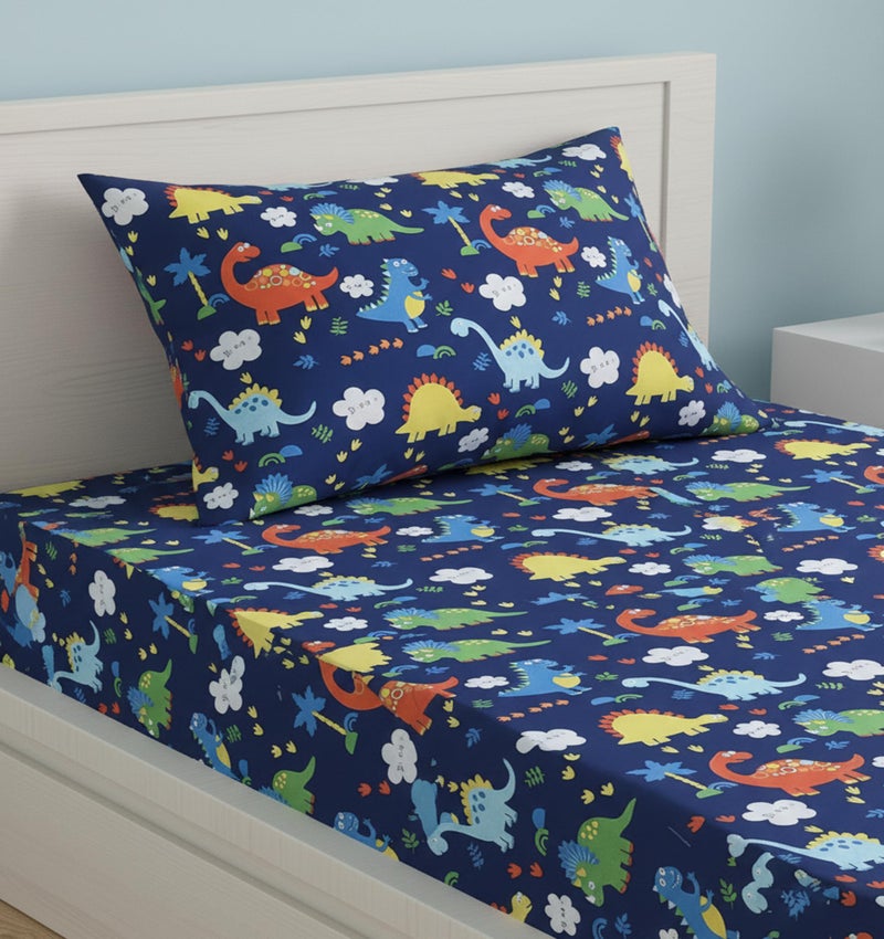 Filymore Kids Blue Dinosaur Single bedsheet with one Pillow Cover Made with Microfiber (Size 90x60) (Pillow Size 18x28) (Colour-Blue) - Image 1
