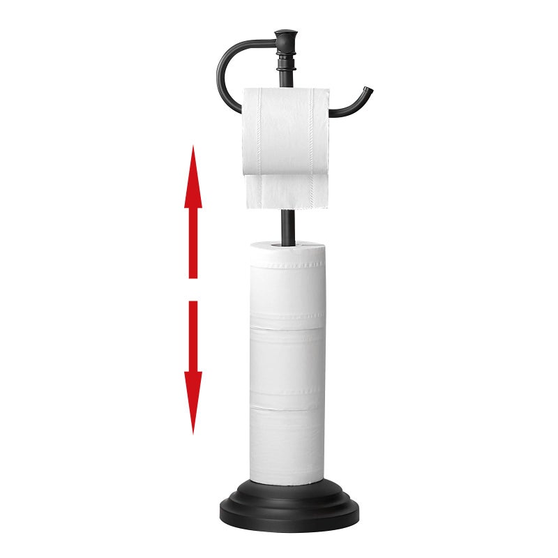 RUMOSE Toilet Paper Holder Stand for FloorMatte Black Adjustable 124 to 228 Bathroom Toilet Tissue Holder Free Standing Toilet Paper Roll Holder with Storage Stainless Steel