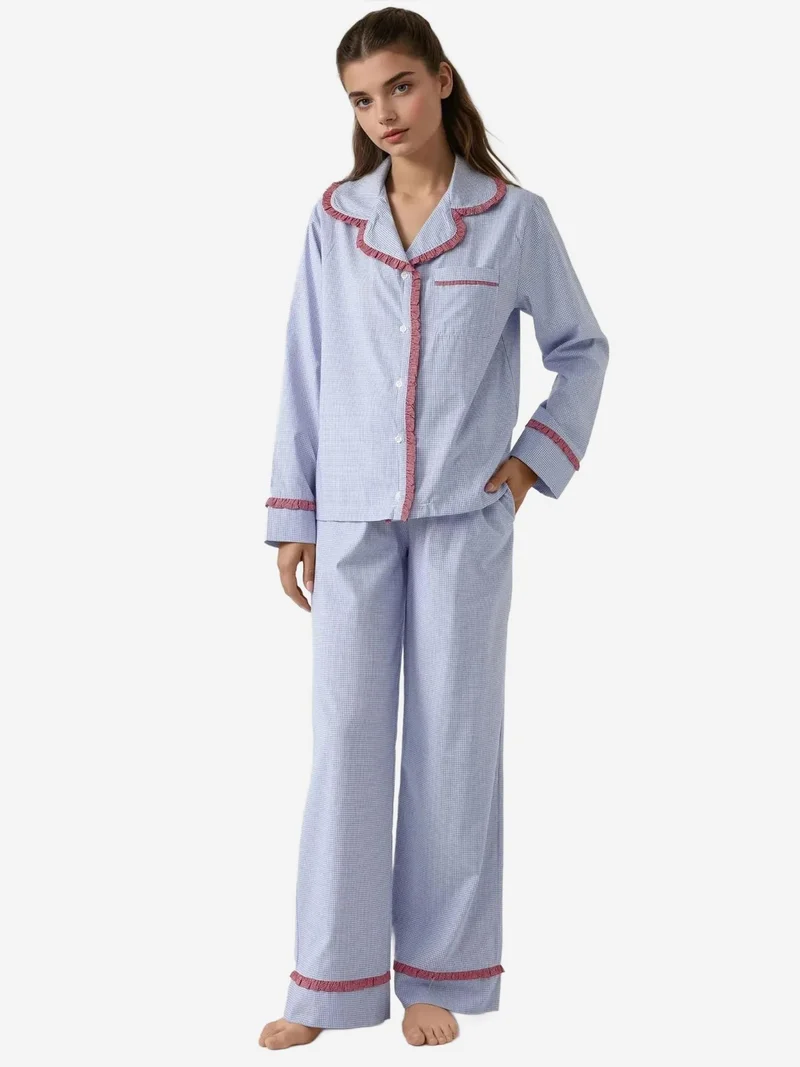زوبعة طقم بيجامة قطنية كاروهات بياقة قميص