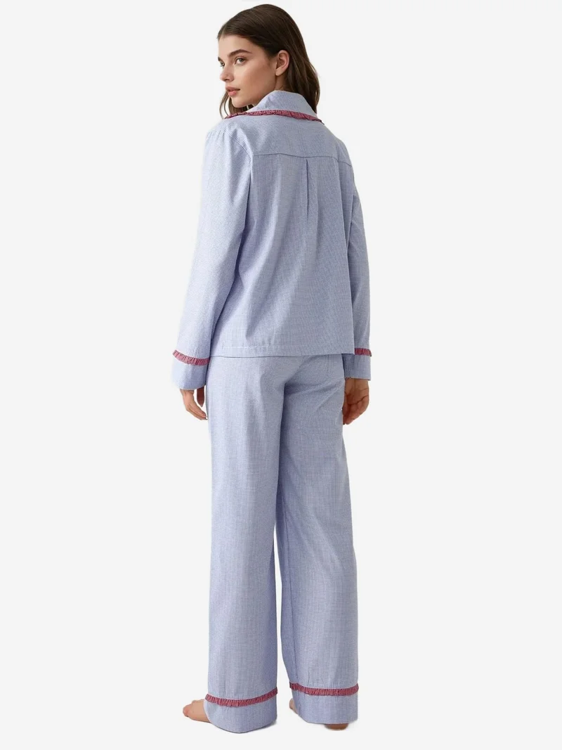 زوبعة طقم بيجامة قطنية كاروهات بياقة قميص