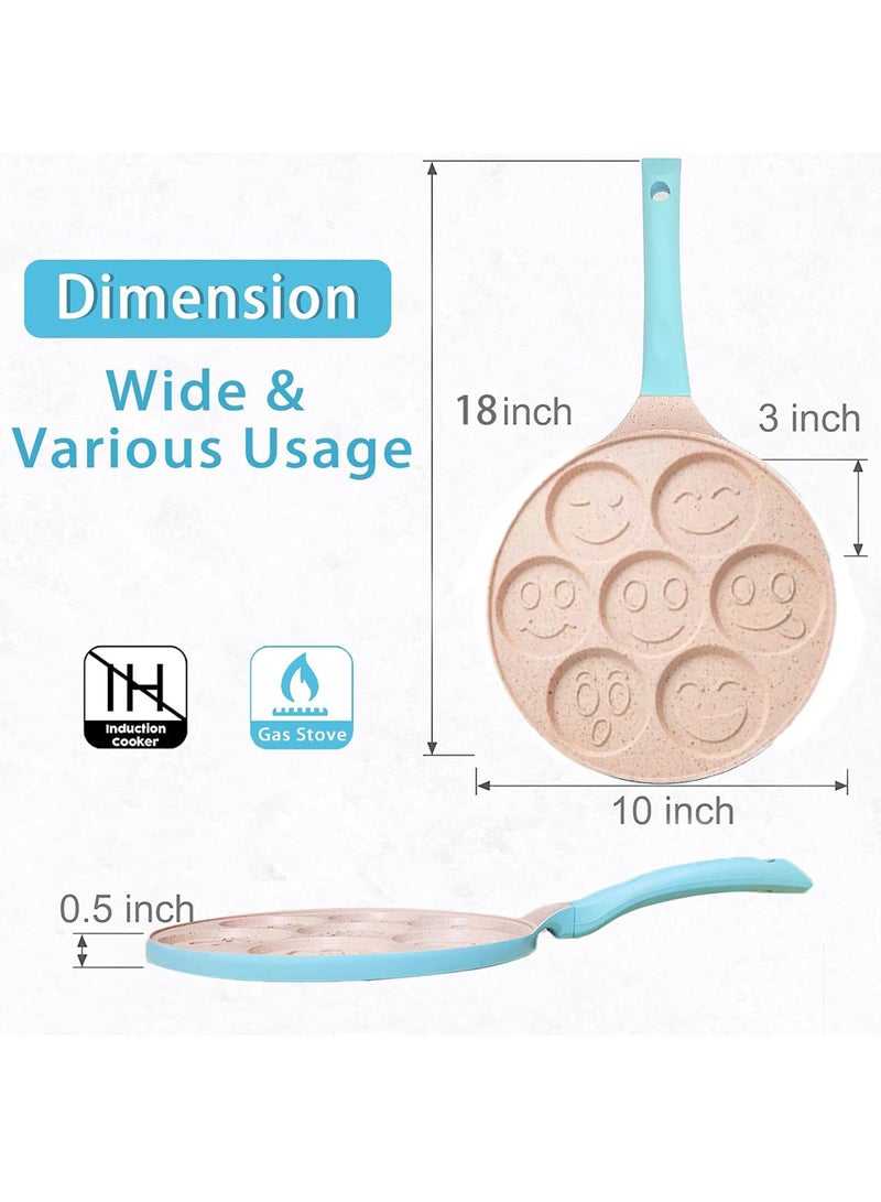Uwals Nonstick Pancake Pan, 7 Smiley Face Pancake Griddle, Soft Touch Handle Fun Breakfast for Kids, 10.2 in Crepe Pan for Gas Stoves (Blue Color) - Image 2