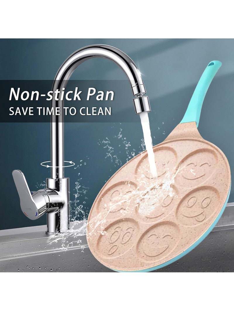 Uwals Nonstick Pancake Pan, 7 Smiley Face Pancake Griddle, Soft Touch Handle Fun Breakfast for Kids, 10.2 in Crepe Pan for Gas Stoves (Blue Color) - Image 4